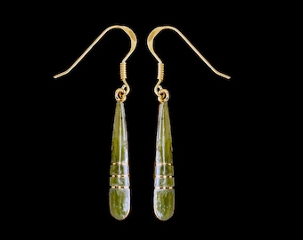 Long Teardrop Alaskan Jade 14KPL Gold Bar Earring.  Elegant Jade, Alaskan Jade, 14KPLGold