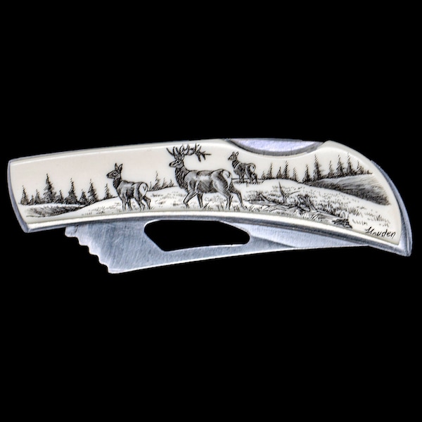 Etched Elk Stainless Steel Silver Hawk Pocket Knife.  Scrimshaw, Knife, Pocket Knife, Double Elk, Animal, Hunting,