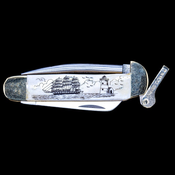 Scrimshaw Ship and Lighthouse Design Scrimshaw Collection Marlin Spike with Folding Knife. Personalization Option.