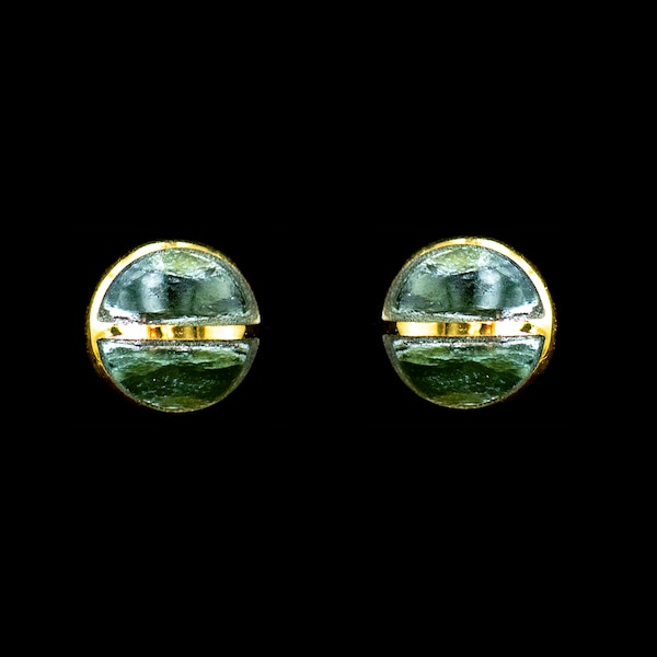 Round Alaskan Jade 14KPL Gold Cup Bar Earring.  Elegant Jade, Alaskan Jade, 14KPL Gold