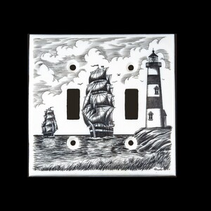 Etched Ship and Lighthouse Double Light Switch.  Eco Ivory, Replica, Etching, Nautical, Nautical Light Switch,