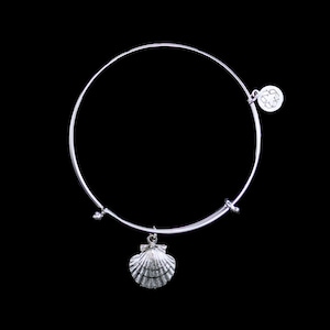 Silver Scallop Shell Charm Adjustable Wire Bracelet, Steel, Rhodium, Pewter Charm,Nautical, Beach