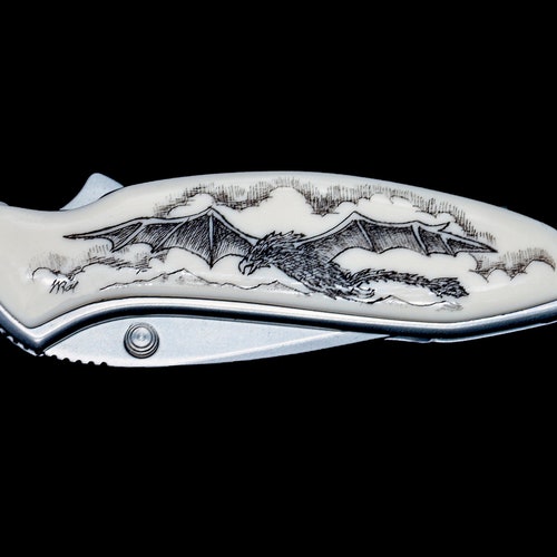 Etched Dragon Kershaw 1600 Chive Speedsafe Assisted Opening Pocket shops Knife. Knife, Eco-Ivory, Scrimshaw