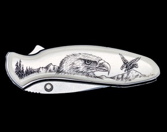 Eco-Ivory Etched Eagle Design Kershaw 1600 Chive Speedsafe Assisted Opening Pocket Knife | F&F Inc, Eagle, Kershaw, Pocket Knife