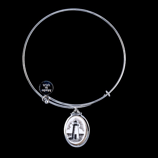 Etched Vertical Lighthouse Charm Silver & Adjustable Wire Bracelet, Steel, Rhodium, Nautical, Lighthouse, Scrimshaw, Resin, Ned's Point