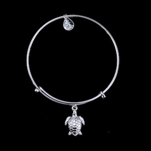 Silver Turtle Charm Adjustable Wire Bracelet, Steel, Rhodium, Pewter Charm