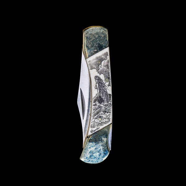 Hand Etched Mermaid Design Scrimshaw Collection on Bovine Bone Large Pocket Knife. Personalization Option.