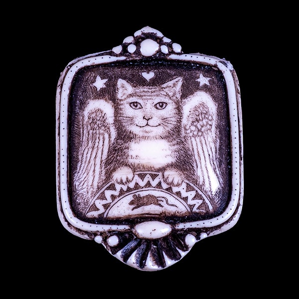 Angel Cat Pin/Pendant.  Moosup Valley, Etched,