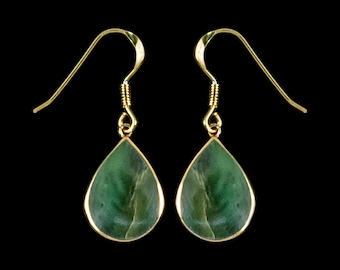 Teardrop Alaskan Jade 14KPL Gold French Wire Earring. Elegant Jade Alaskan Jade 14KPL Gold