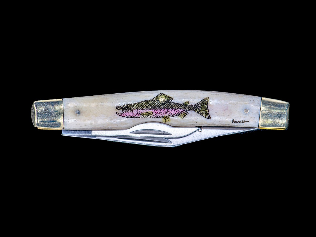 Scrimshaw Trout Colored Design Scrimshaw Collection Medium Dual Blade
