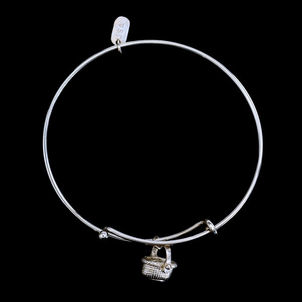 Silver Nantucket Basket Charm Adjustable Wire Bracelet, Steel, Rhodium, Pewter Charm