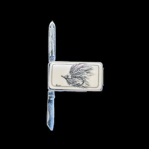 Geätzte Fliegenfischen Locken große Rechteck Geldklammer Messer.  Eco Ivory, Resin, Messer, Geldklammer, Nageldatei, Scrimshaw