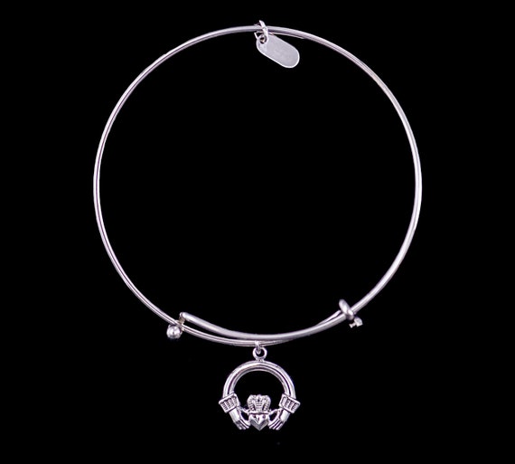 Silver Claddagh Charm Adjustable Wire Bracelet, Steel, Rhodium, Pewter Charm, Irish, Celtic