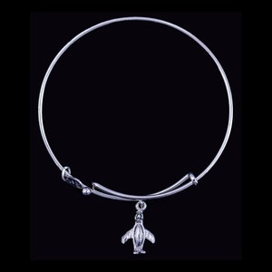 Silver Penguin Charm Adjustable Wire Bracelet, Steel, Rhodium, Sneaker, Animals, Alaska, Puffins