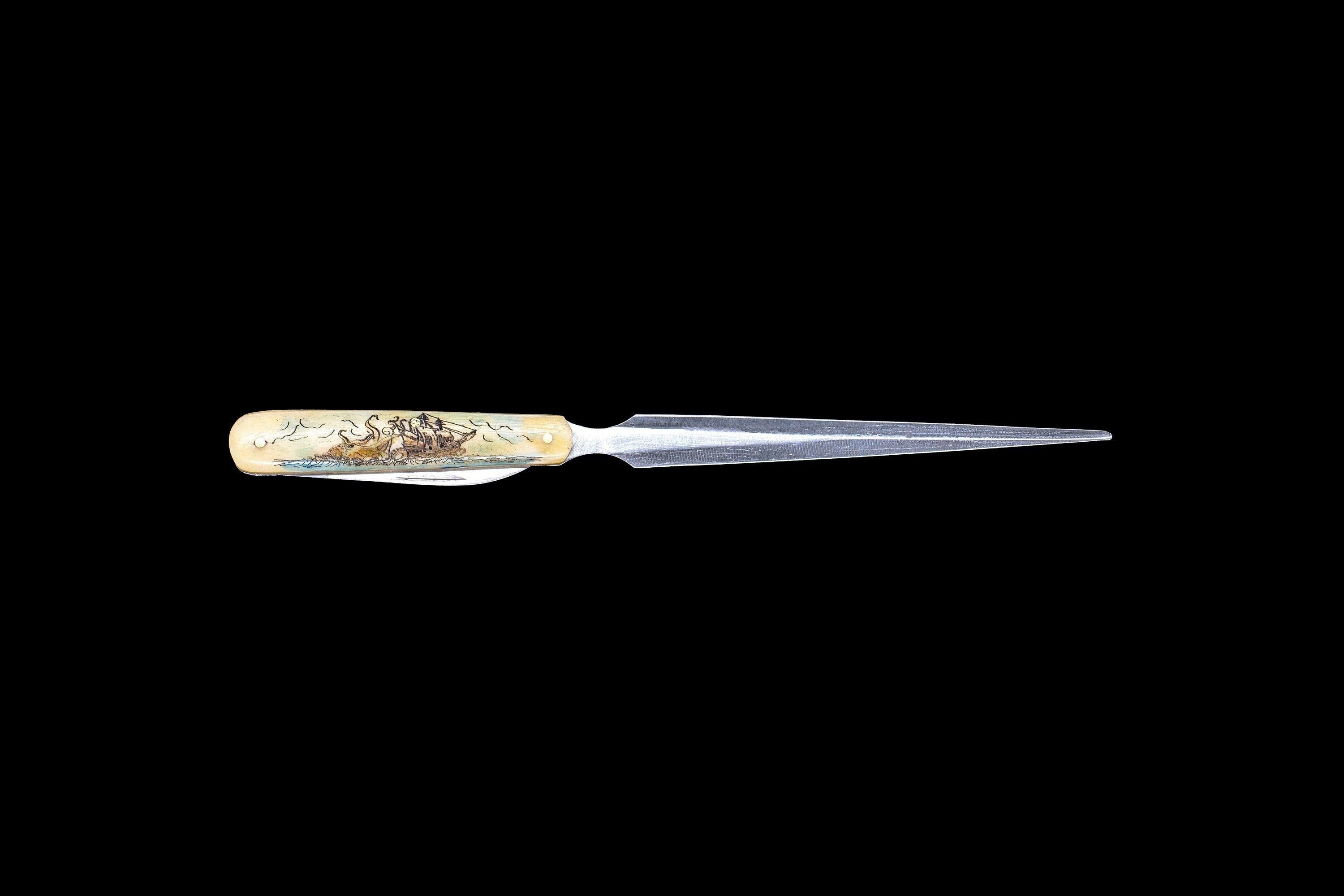 Etched Octopus and Ship Colored Design Scrimshaw Collection Letter Opener Knife. Personalization Option! Kraken, Release the Kraken