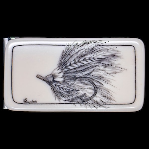 Fliegenfischen Lure Scrimshaw große Rechteck Folie Geldscheinklammer.  Eco Ivory, Resin, Geldklammer, Scrimshaw, Angeln, Locken,