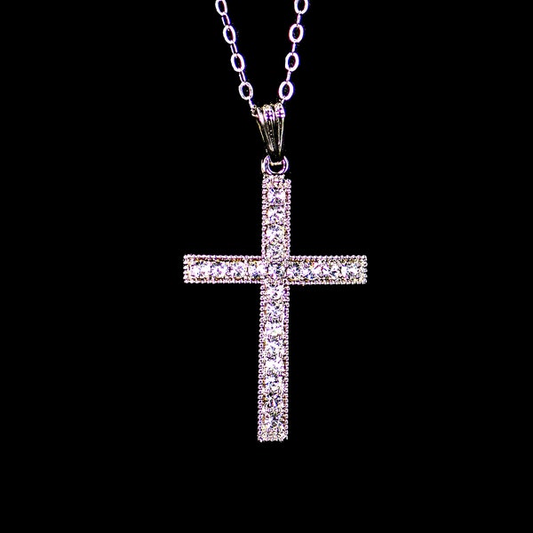 Sterling Silver Cross with Swarovski Crystals. Made in USA, 18" Cable Chain