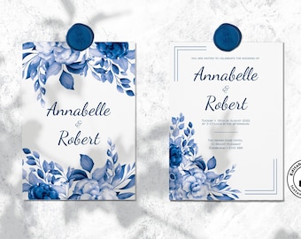 Maia - Blue flowers wedding invitation download | Floral wedding invitation template | Instant download wedding invite | Editable template