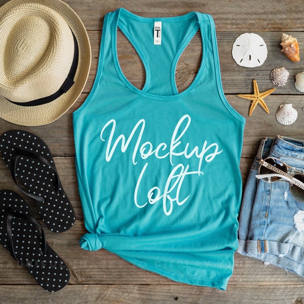 Next Level 1533 Mockup Tahiti Blue | 1533 Tank Top Mockup | Beachy Tank Top with Seashells Mockup | Racerback Tank Top Mockup | SKU T0554