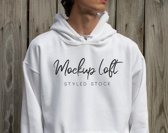 Model Mockup White Hoodie Sweatshirt | Men's Hoodie Mockup | White Sweatshirt Mockup | 18500 White Hoodie Mockup | SKU T0487