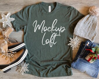 Christmas Tshirt Mockup | Bella Canvas 3001 Mockup Heather Forest | Green T Shirt Mockup | Holiday Mockup | SKU T0361