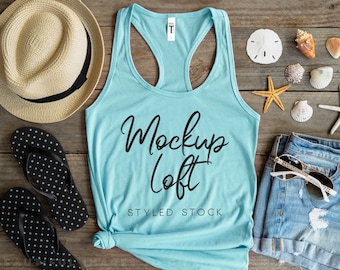 Next Level 1533 Mockup Cancun | Aqua Tank Top Mockup | 1533 Mockup | Beachy Tank Top with Seashells Mockup | SKU T0473