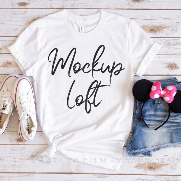 Summer T shirt Mockup | Bella Canvas 3001 Mockup White | Vacation White T Shirt Mockup | Mouse Ears Mockup | SKU T0175