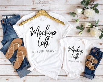 Mommy and Me Shirt Mockup | Bella Canvas 3001 Mockup White | Mother and Daughter Shirts | Matching Outfits Mockup | White 100B | SKU T0170