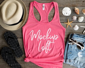 Next Level 1533 Mockup Hot Pink | Pink Tank Top Mockup | 1533 Mockup | Beachy Tank Top with Seashells Mockup | SKU T0457