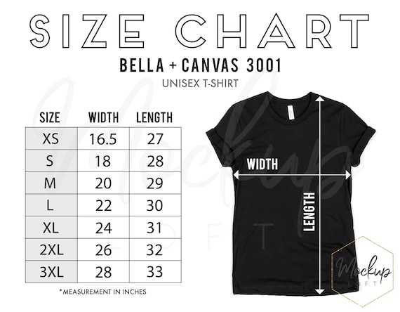 Bella Canvas 3001 Size Chart Tshirt Measurements 3001 Size | Etsy