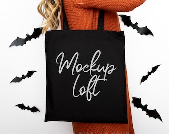 Halloween Tote Bag Mockup Schwarz | Modell Tragetasche Mockup | Schwarze Tragetasche Mockup | gestalteten Stock-Foto | Digitales JPEG-BILD | SKU B0011