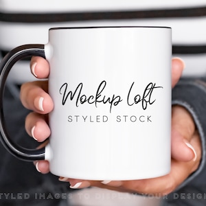 Model Mug Mockup | 11 oz. Ceramic Mug Mockup | White Coffee Mug with Black Handle Styled Stock Photo | Digital JPEG IMAGE | SKU M0031