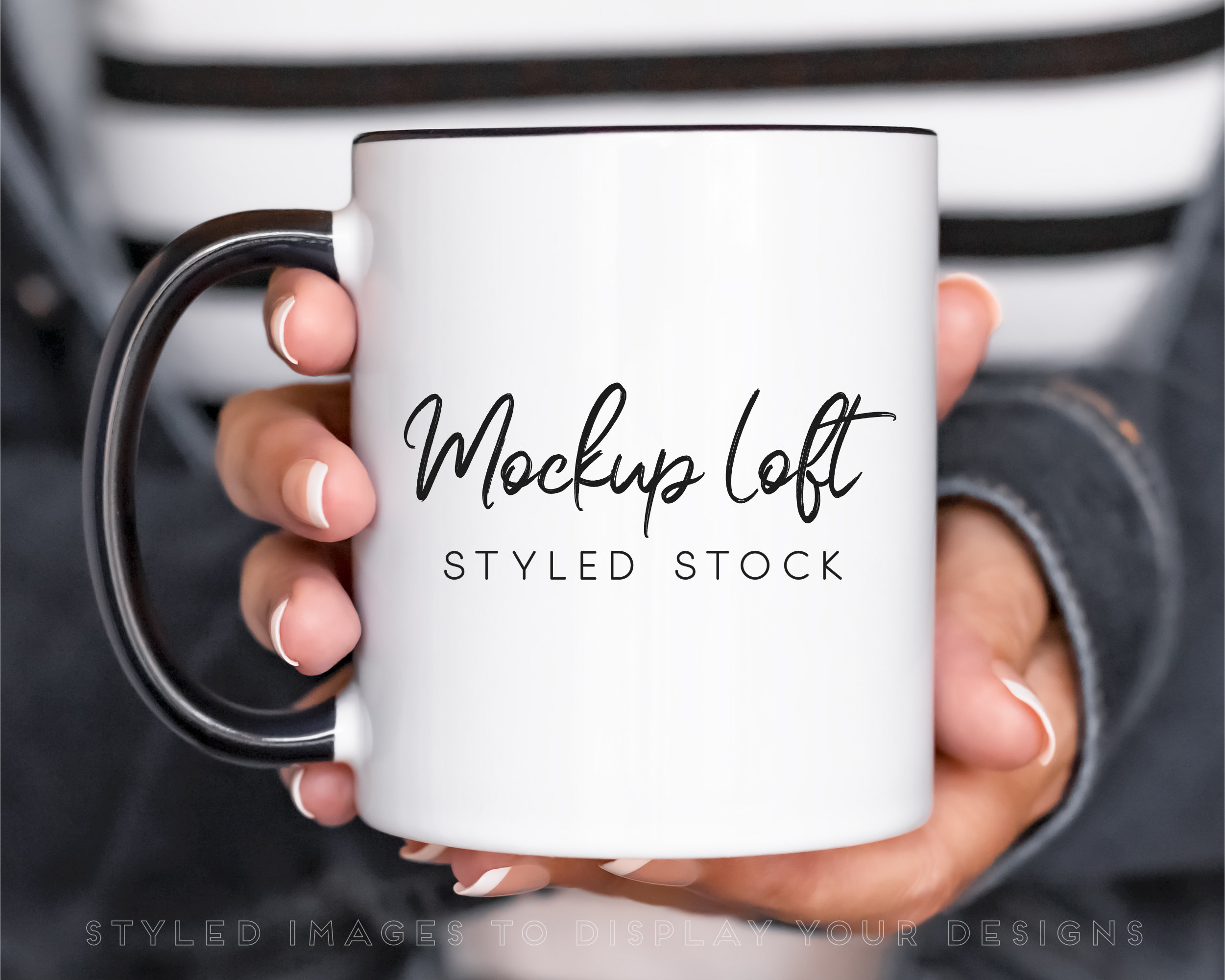 Model Mug Mockup | 11 oz. Ceramic Mug Mockup | White Coffee Mug with Black Handle Styled Stock Photo | Digital JPEG IMAGE | SKU M0031