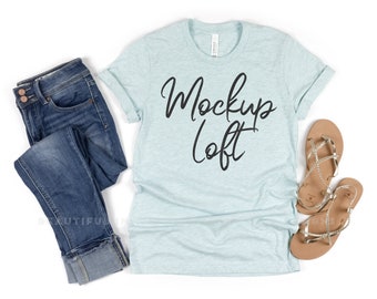 Bella Canvas 3001 Mockup Heather Prism Ice Blue | Styled Flat Lay T Shirt Mockup | Prism Ice Blue Mockup | SKU T0223