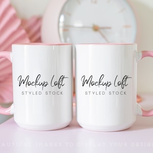 Pink Handle Mug Mockup | 15 oz. Mug Mockup | Two Mugs Mockup | 15 Ounce Mug | Side by Side Mugs | Styled Stock Photo | SKU M0052