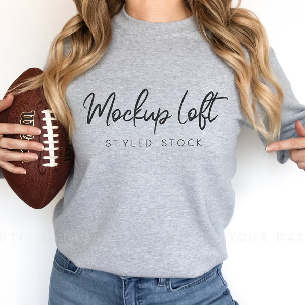 Model Mockup Sport Grey Sweatshirt | Crewneck Mockup | Gray sweatshirt mockup with football | SKU T0419