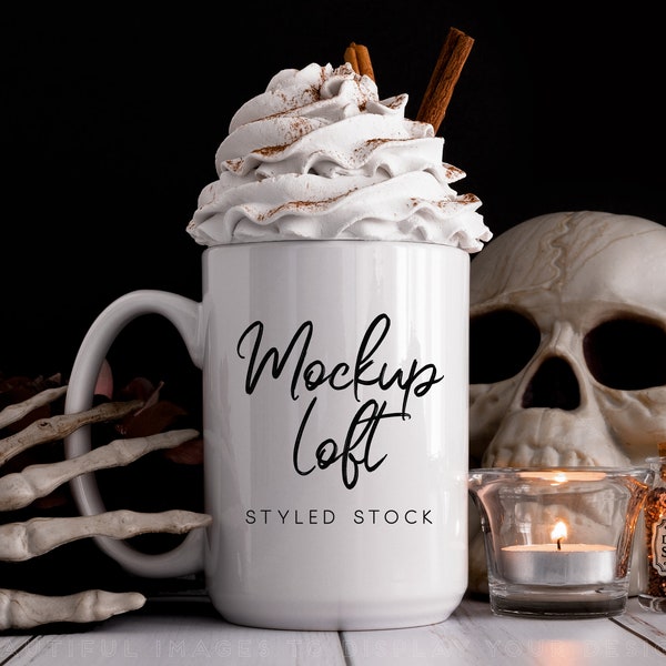 Halloween Mug Mockup | 15 oz. Ceramic Mug Mockup | White Coffee Mug Styled Stock Photo | Fall Mug Mockup | Digital JPEG IMAGE | SKU M0040