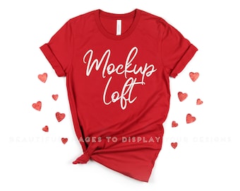 Valentine's Day T shirt Mockup | Bella Canvas 3001 Mockup Red | Red T Shirt Mockup with Hearts | SKU T0120