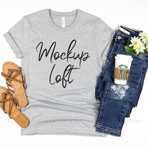 Bella Canvas 3001 Mockup Athletic Heather Gray | Gray T Shirt Mockup | Summer T Shirt Mockup with Coffee Cup | SKU T0005