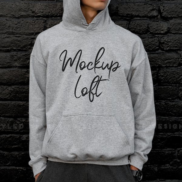 Model Mockup Sport Grey Hoodie Sweatshirt | Men's Hoodie Mockup | Gray Sweatshirt Mockup | Sport Grey Mockup | SKU T0491