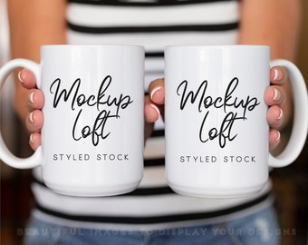 Model Mug Mockup | Front and Back Mug Mockup | 15 oz. Ceramic Mug Mockup | 2 White Coffee Mugs Mockup | Styled Stock Photo | SKU M0032