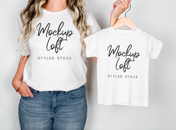 Bella Canvas 3001 Model Mockup White T shirt | 3001T Toddler T shirt Mockup White | Matching Outfits Mockup | Mama Mini Mockup | SKU T0588