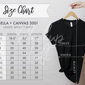 Tabla de tallas de camisetas, Bella Canvas 3001 Tabla de tallas, Medidas de la camiseta, Tabla de tallas 3001, Tabla de tallas de camiseta unisex / SKU SC035