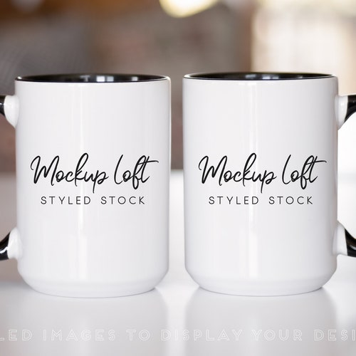 Two Mugs Mockup | Black Handle Mug Mockup | 15 oz. Ceramic Mug Mockup | Front and Back of Mug Mockup | Office Mug Mockup | SKU M0055