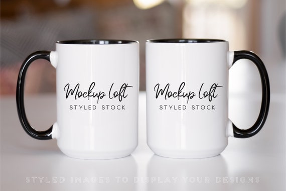 Two Mugs Mockup | Black Handle Mug Mockup | 15 oz. Ceramic Mug Mockup | Front and Back of Mug Mockup | Office Mug Mockup | SKU M0055