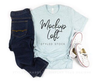 Toile Bella 3001 Mockup prisme chiné bleu glacier | Maquette de t-shirt plat | Maquette bleu glacier prisme | UGS T0228