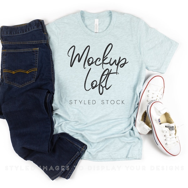 Bella Canvas 3001 Mockup Heather Prism Ice Blue | Styled Flat Lay T Shirt Mockup | Prism Ice Blue Mockup | SKU T0228