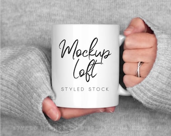 Model Mug Mockup | 11 oz. Ceramic Mug Mockup | White Coffee Mug Styled Stock Photo | Digital JPEG IMAGE | SKU M0069