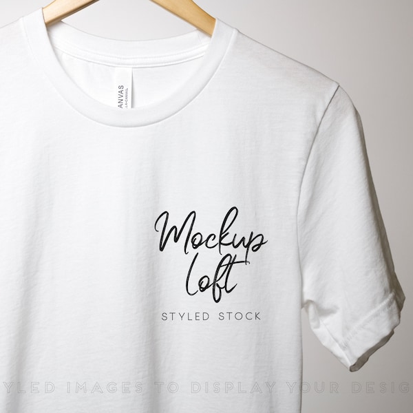 Bella Canvas 3001 Mockup White | Pocket Design Mockup | 3001 White T Shirt Mockup | Hanging T shirt Mockup | SKU T0103