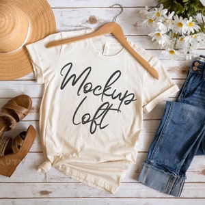 Bella Canvas 3001 Mockup Natural | Styled Flat Lay | Natural Tshirt Mockup | Boho Summer T shirt Mockup | SKU T0259